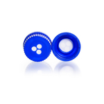 Tapón de rosca con membrana de ventilación GL, PP azul, soldado en membrana de PTFE expandido, membrana para ecualización de la presión durante la esterilización en autoclave